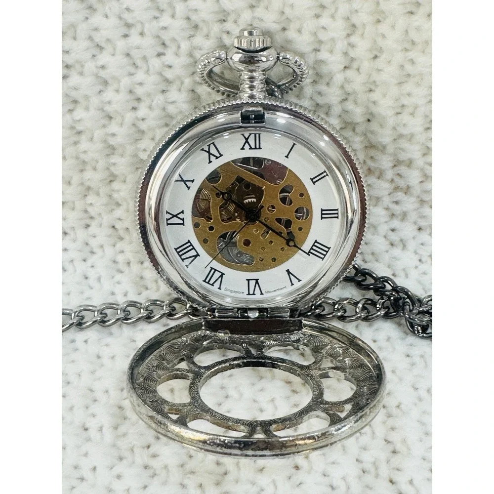 Silver Tone Skeleton Mechanical Pocket Watch Roman Numerals Chain